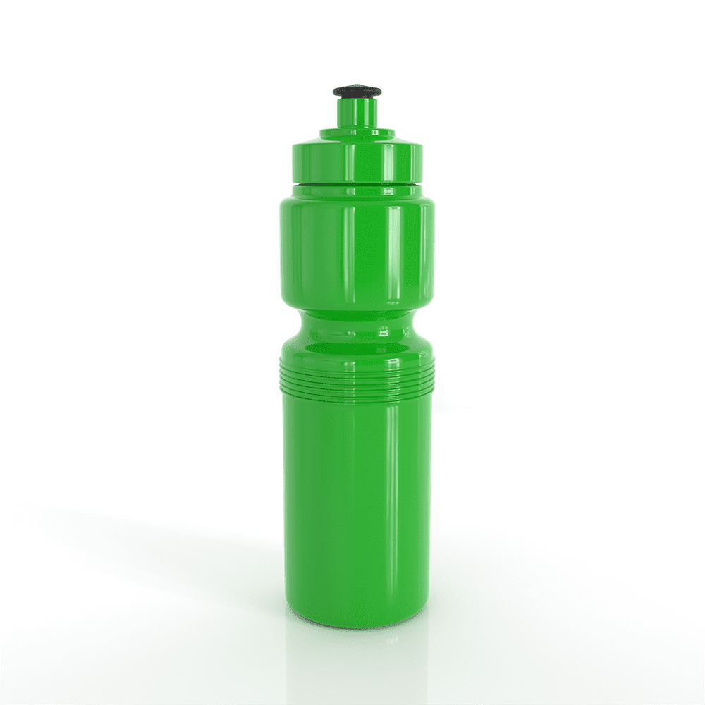 A drink bottle in vibrant green, featuring a twist-off lid and a sleek, contoured design. It has a logo on the surface.