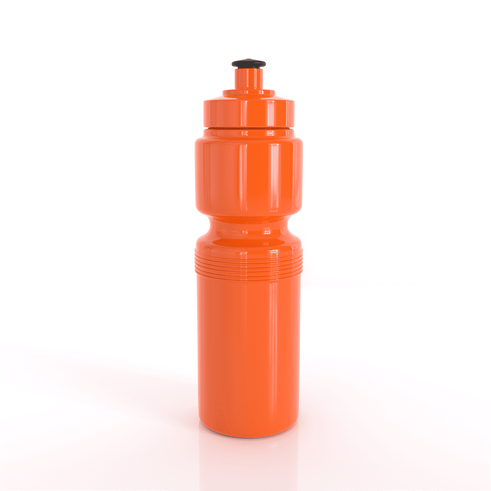A drink bottle in bright orange, featuring a screw-on lid and a narrow design. It has a logo on the front.