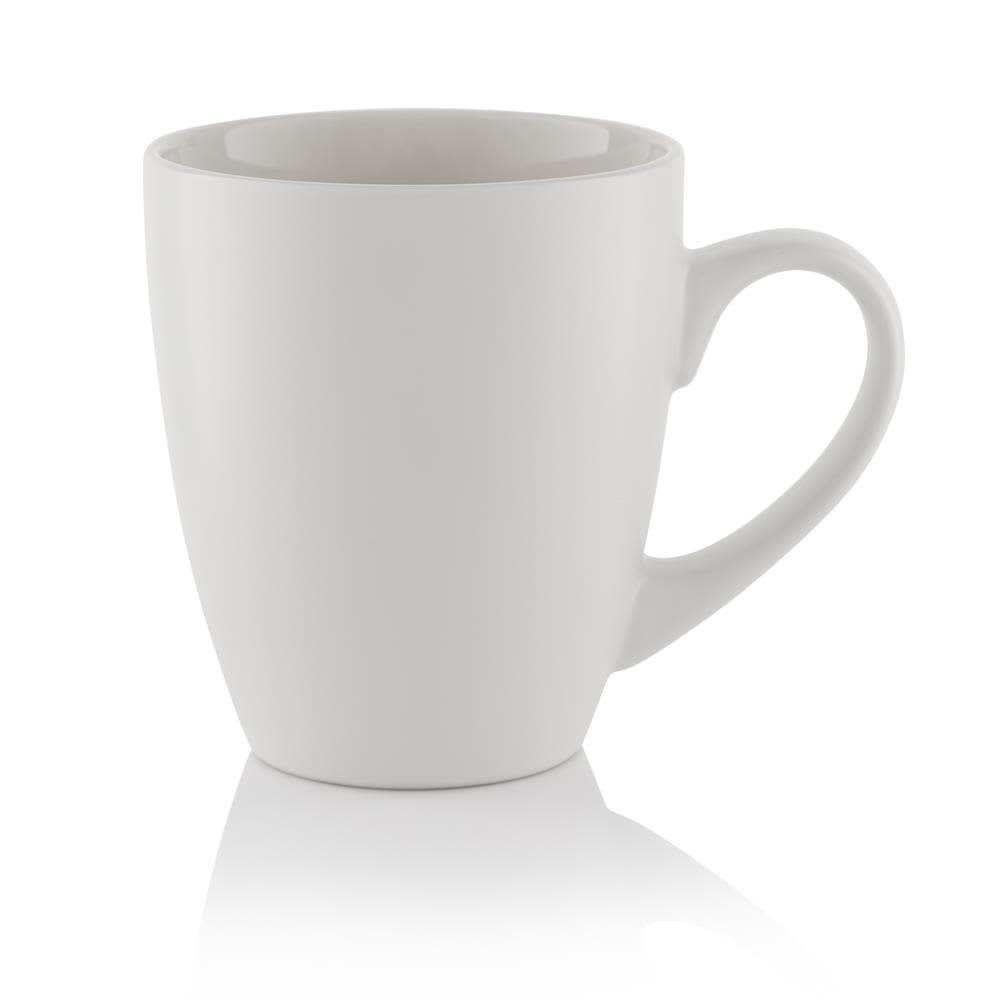 A white ceramic mug with a tapered design and a curved handle, featuring a glossy finish.