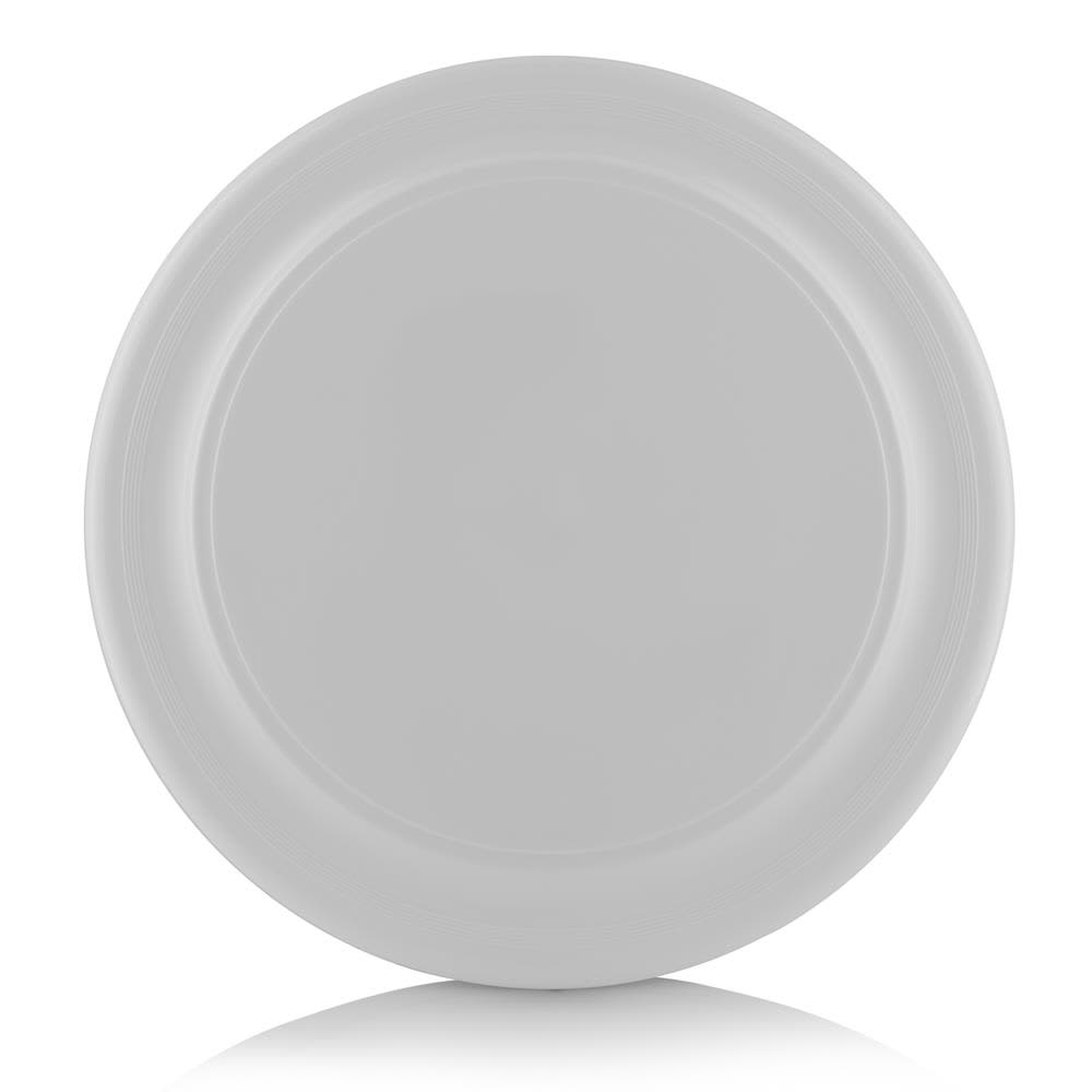 A frisbee in a plain white colour with a smooth surface and rounded edges. It features a logo.