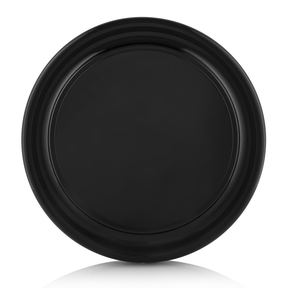 A black Frisbee with a smooth, circular design and a glossy finish. It features a logo on its surface.