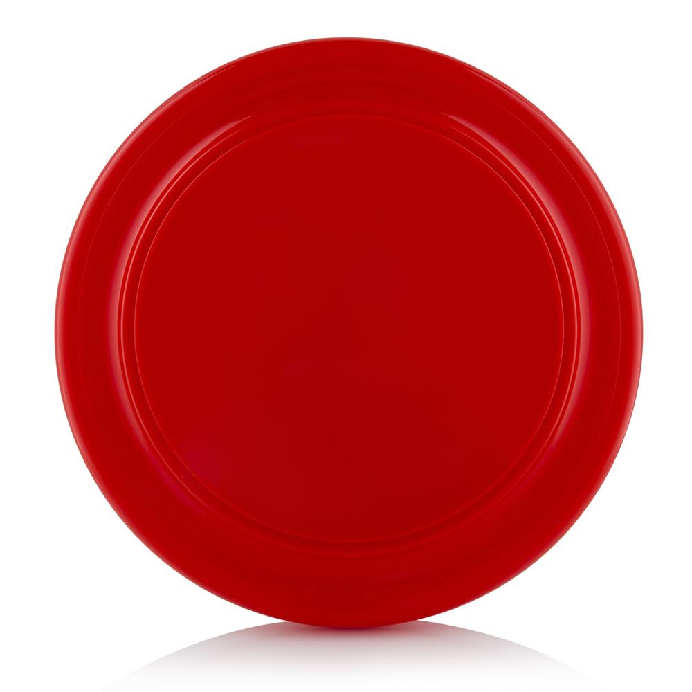 A red Frisbee with a smooth surface and a slight lip around the edge, featuring a logo in the centre.