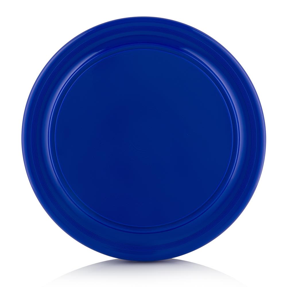 A blue Frisbee with a smooth, round surface and a rimmed edge, featuring a logo.