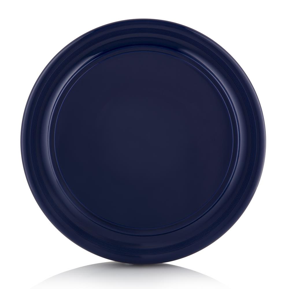 A navy blue Frisbee with a smooth circular surface and a raised rim, featuring a logo in the centre.