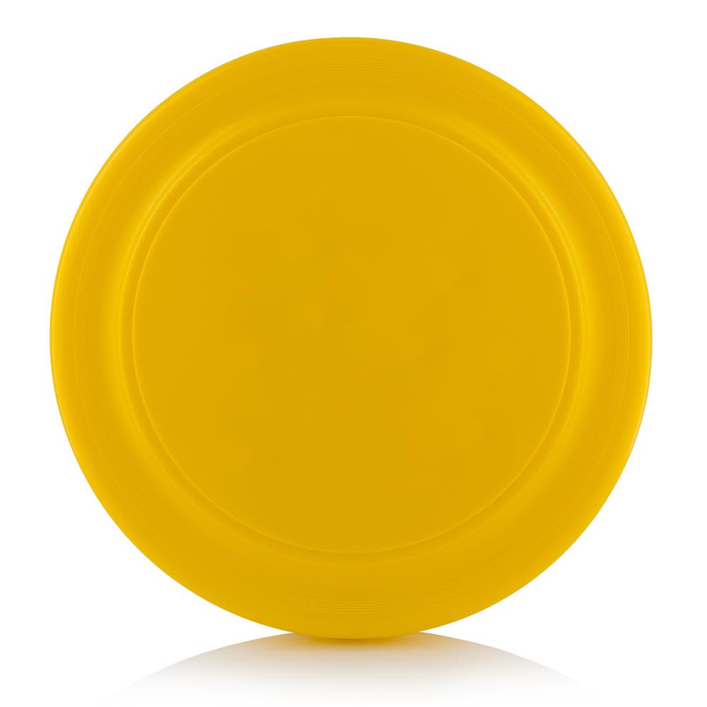 A yellow frisbee with a circular shape, featuring a smooth surface and an embossed logo.