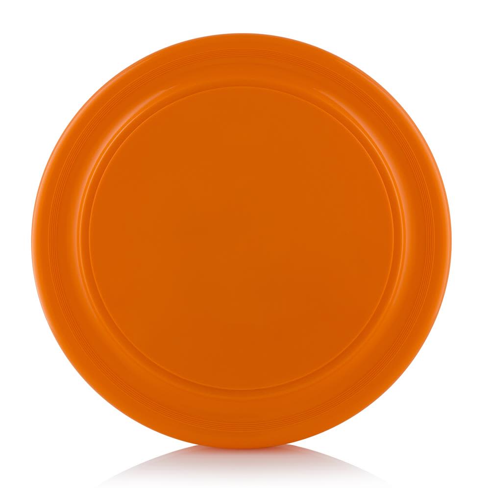An orange Frisbee with a smooth, rounded design and a slight rim around the edge. It features a logo on the surface.