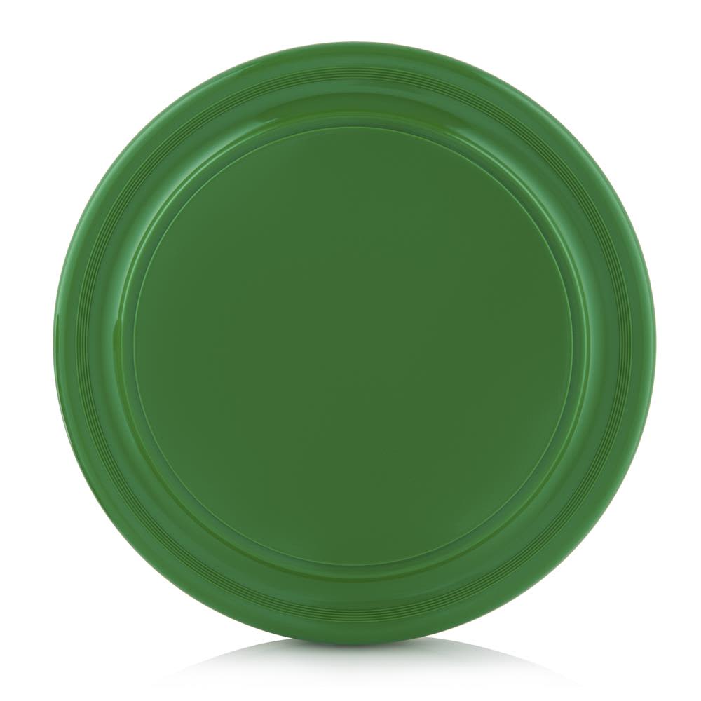 A green Frisbee with a smooth surface and slight rim detailing, featuring a logo in the centre.