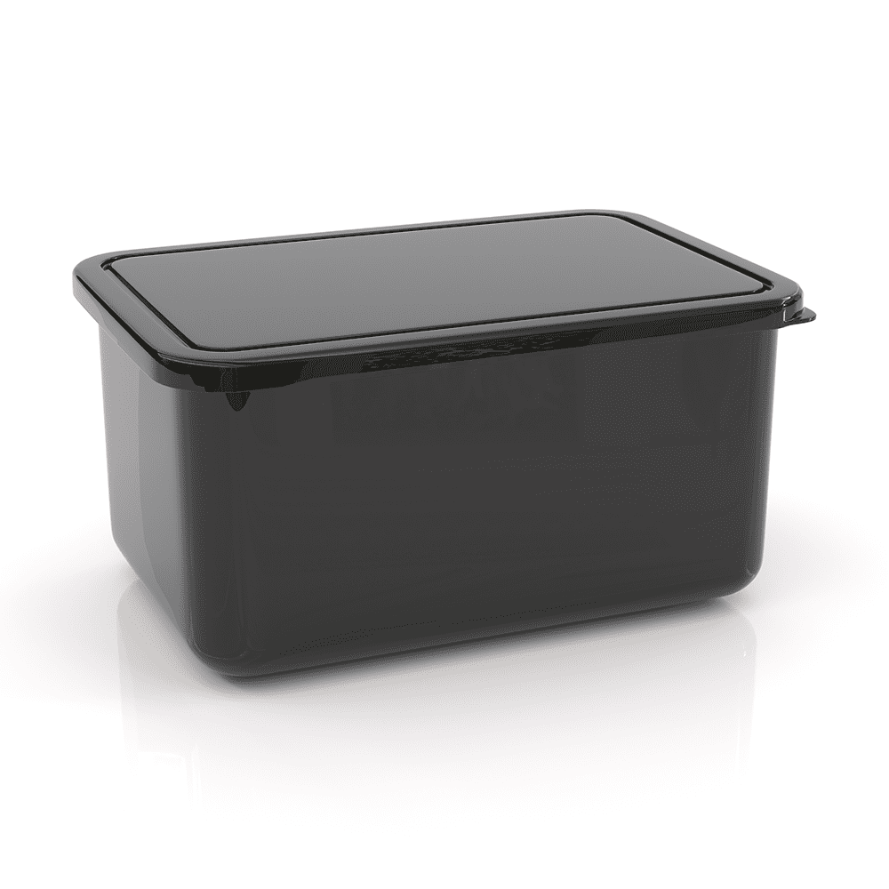 A large, black lunch box base with a fitted lid, featuring a simple design and a smooth finish.