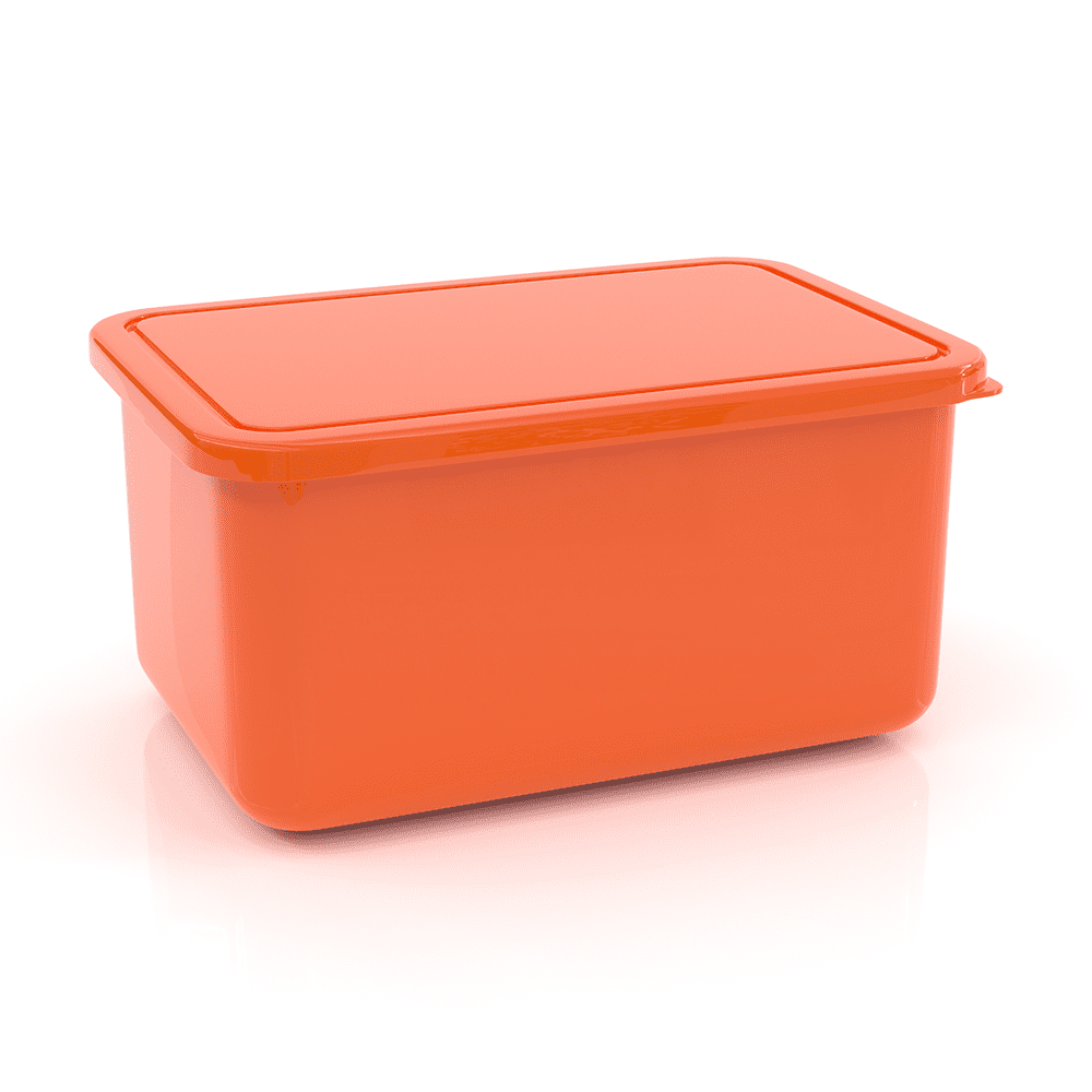A large orange lunch box with a rectangular shape and a fitted lid, featuring a logo on the side.