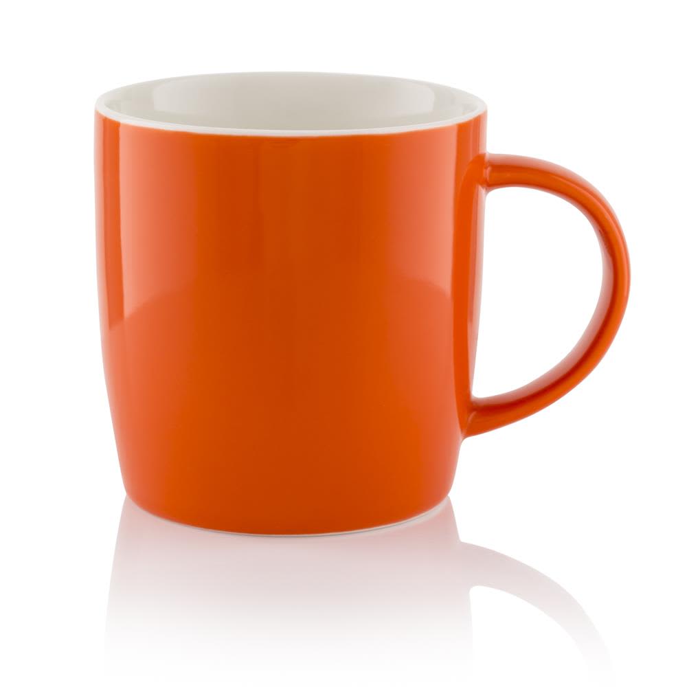 An orange barrel mug with a white interior and a curved handle, featuring a glossy finish.