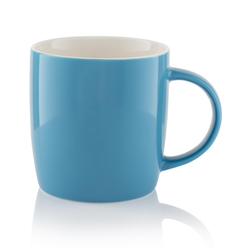 A blue ceramic barrel mug with a large handle and a glossy finish. It has an inner cream colour and features branding.