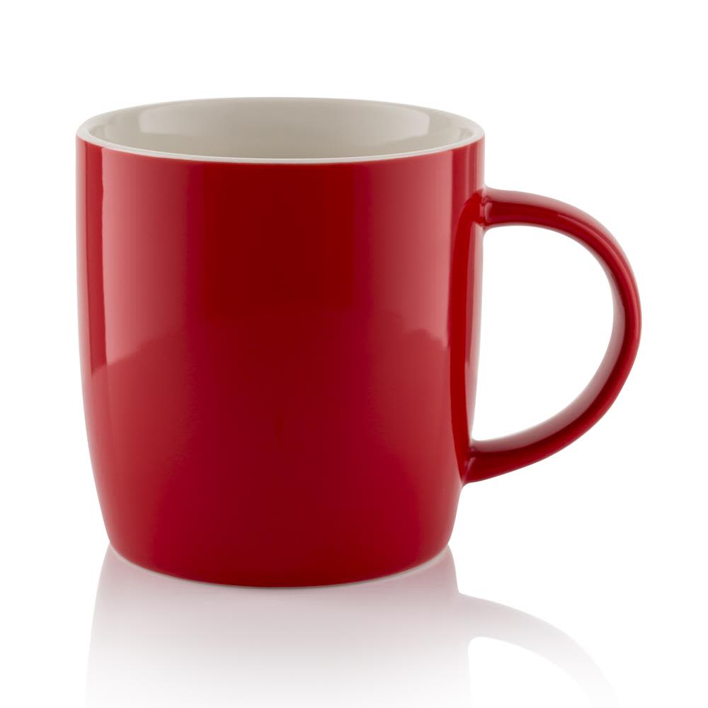 A red barrel mug with a glossy finish and a white inner lining, featuring a single handle.