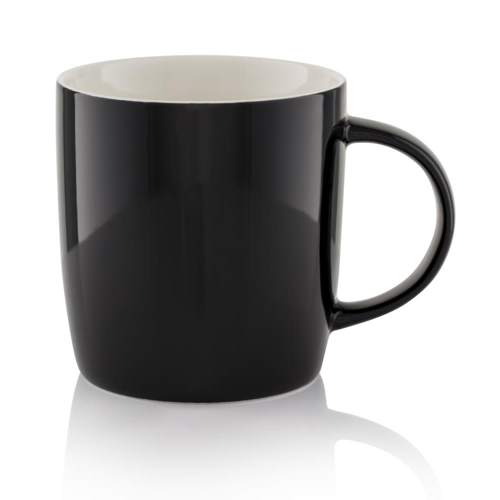 A black barrel mug with a smooth finish and a contrasting white interior, featuring a sturdy handle.