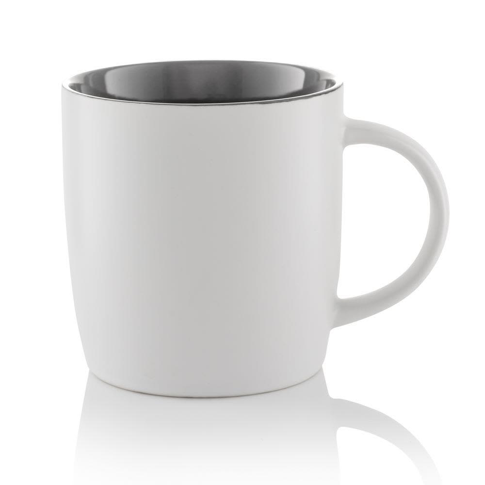 A white barrel mug with a smooth finish and a contrasting grey interior, featuring a curved handle and a glossy surface.