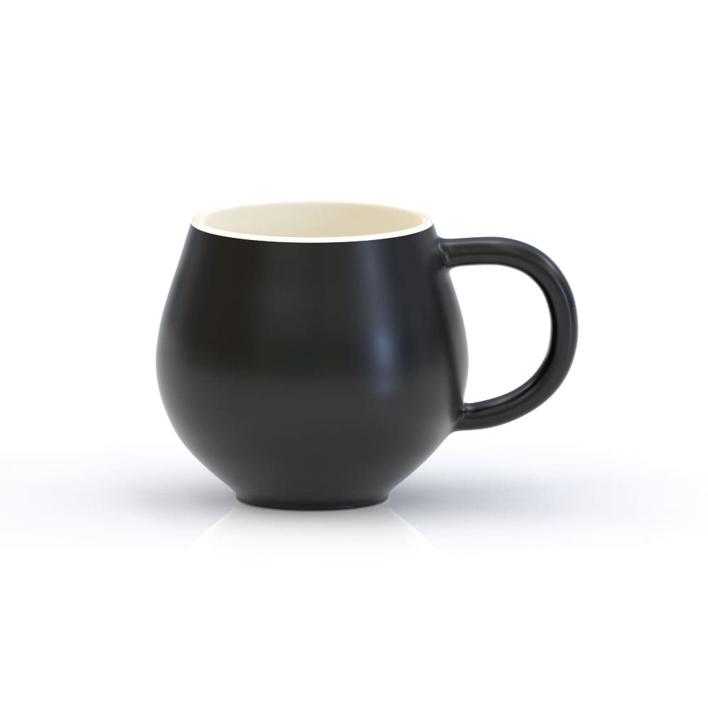 A black mug with a rounded shape and a handle, featuring a contrasting interior colour. It has a logo on the surface.