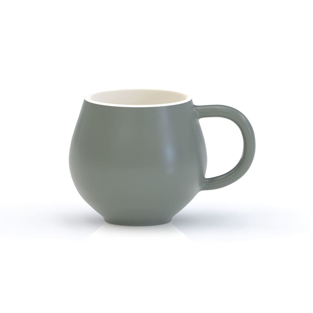 A green ceramic mug with a rounded shape and a white inner lining, featuring a handle and a branding logo.