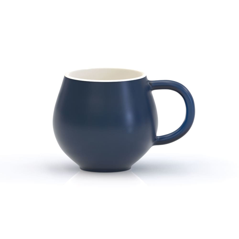 A navy blue mug with a rounded shape and a sturdy handle, featuring a light-coloured interior.