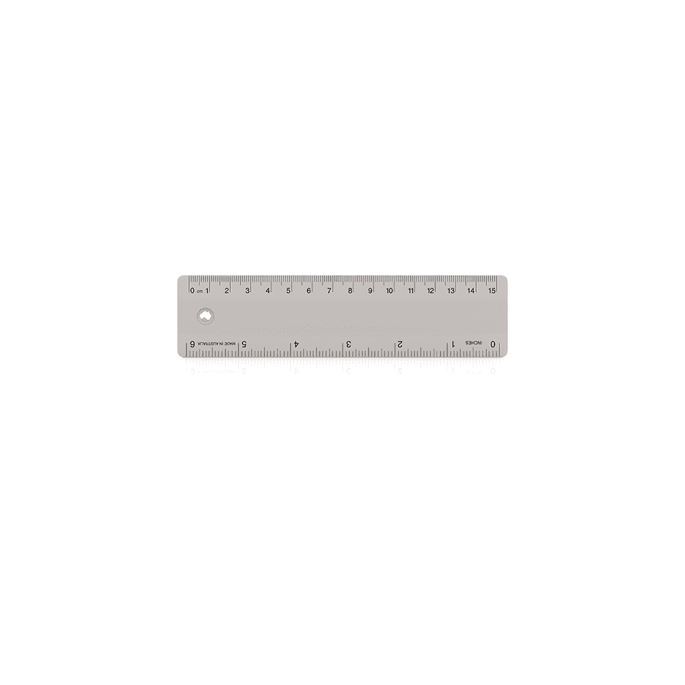 A 15cm clear plastic ruler featuring measurements in centimetres, with a hole and a small logo.