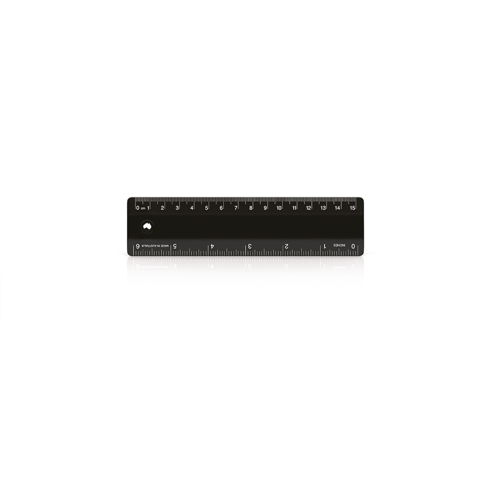 A 15cm black ruler with measurement markings, featuring a logo at one end.