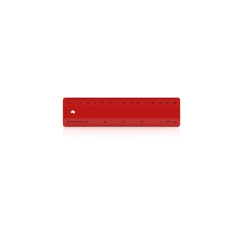 A red 15cm ruler with measurement markings and a logo on one side, suitable for office use.