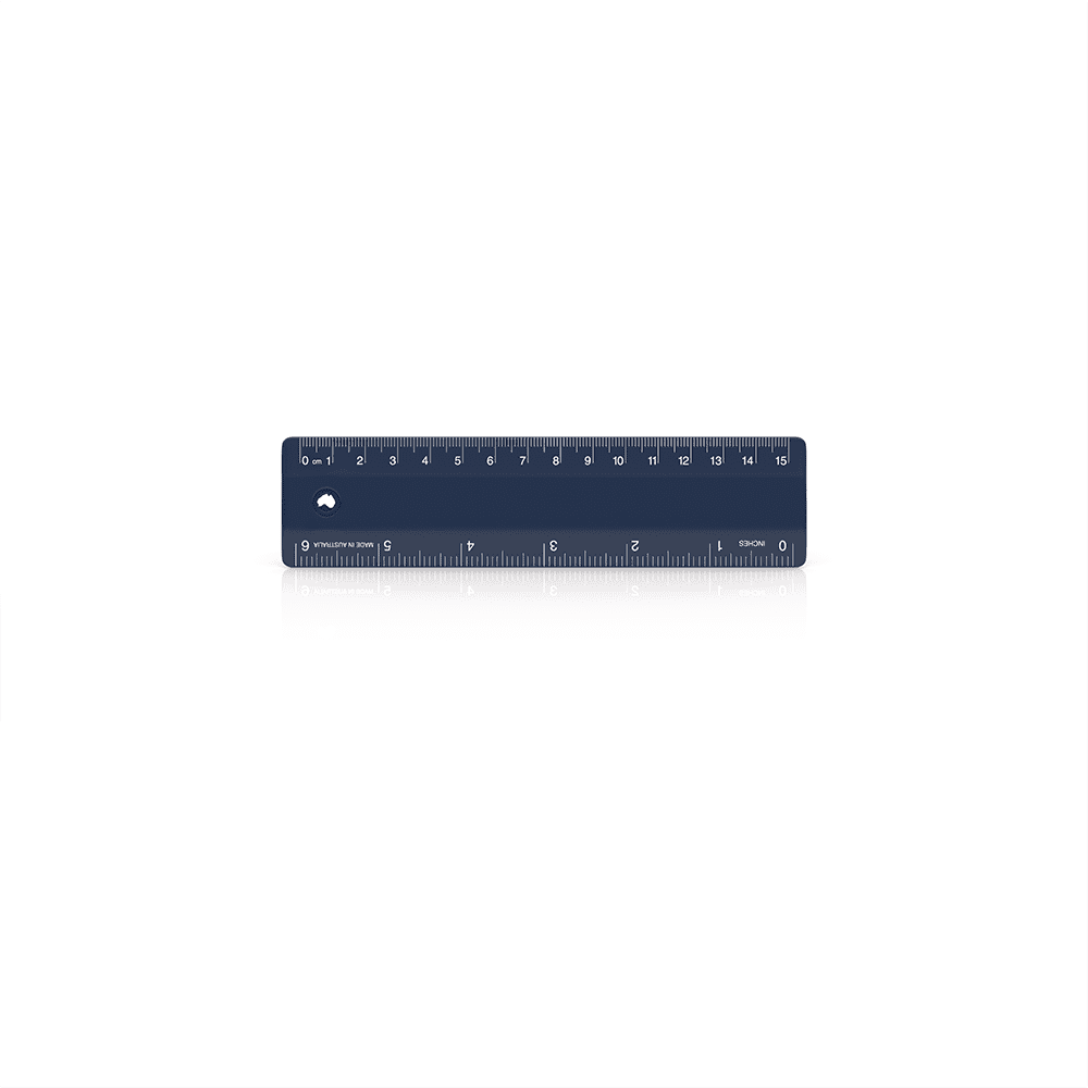 A 15cm navy blue ruler with measurement markings, featuring a small hole and a logo.