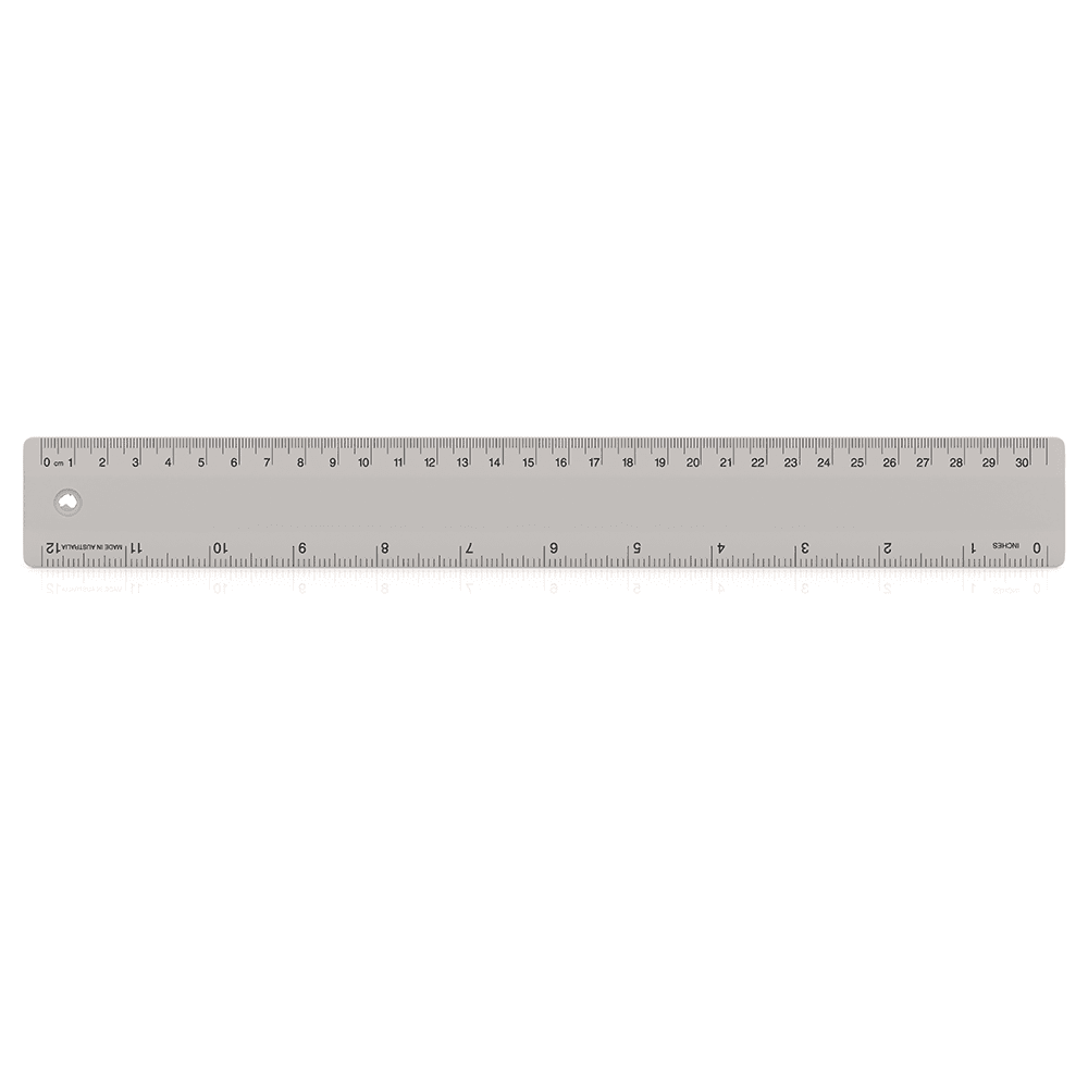 A 30cm clear plastic ruler featuring metric measurements and a hole for hanging or storage.