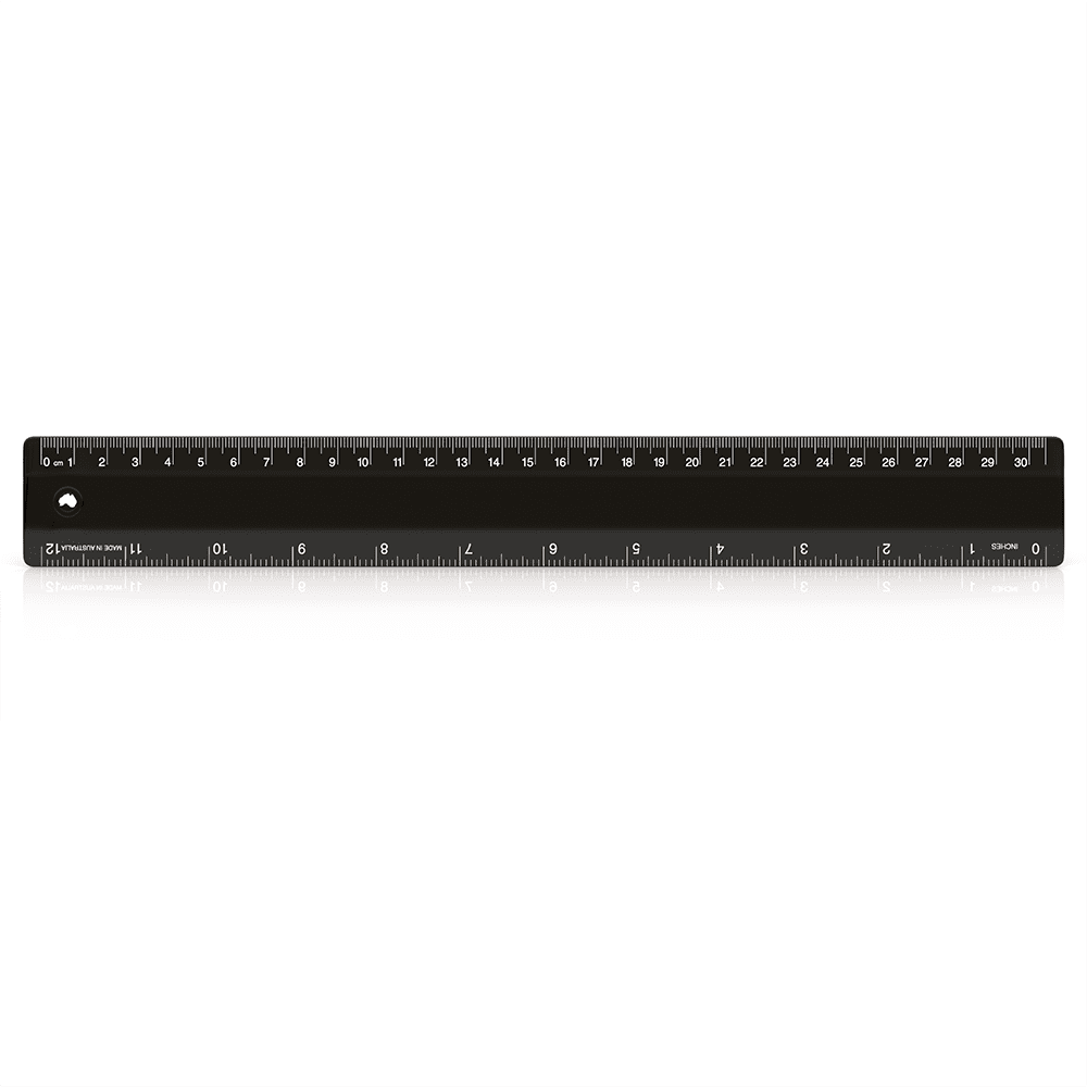 A 30cm black ruler with measurements in centimetres and millimetres, featuring a logo.