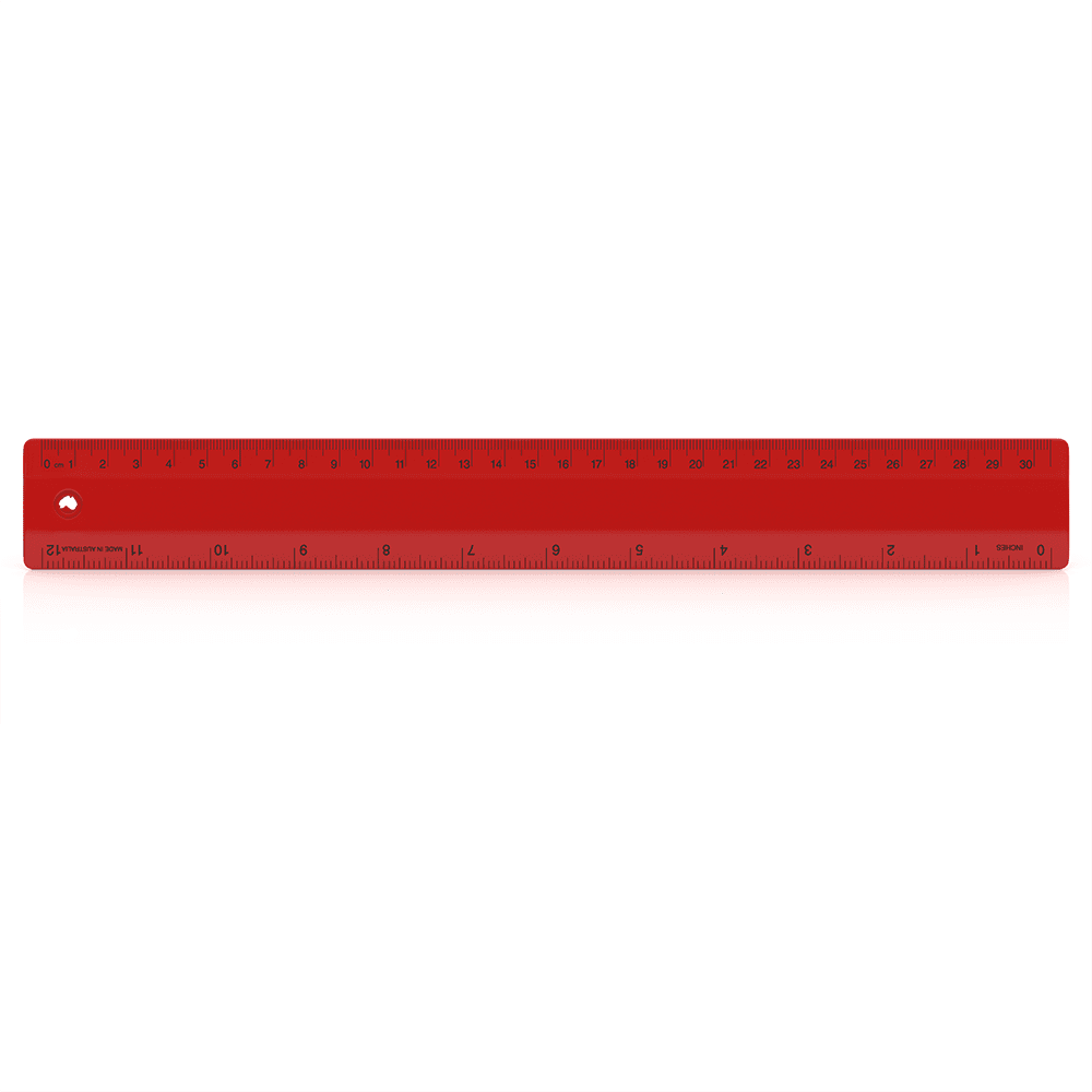 A red 30cm ruler with measurement markings and a hole for hanging. The ruler features a smooth, glossy finish.