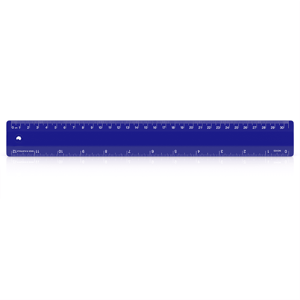 A 30cm blue plastic ruler with both metric and imperial markings, featuring a hole for easy storage.