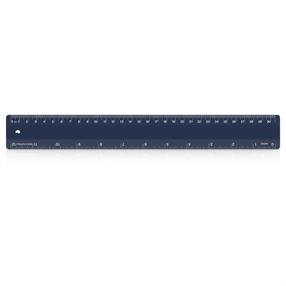 A navy blue 30cm ruler with metric measurements and a logo on one end.