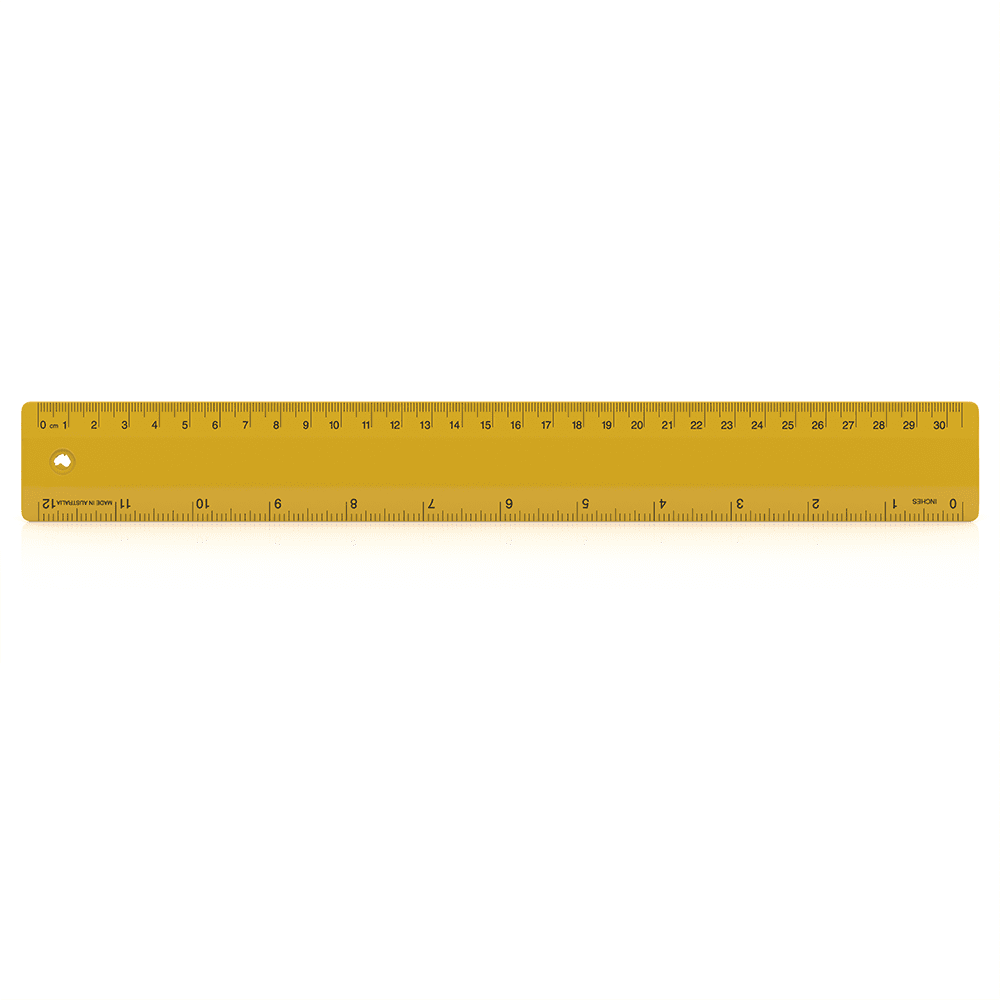 A yellow 30cm ruler with measurement markings and a hole for hanging, featuring a logo on one end.