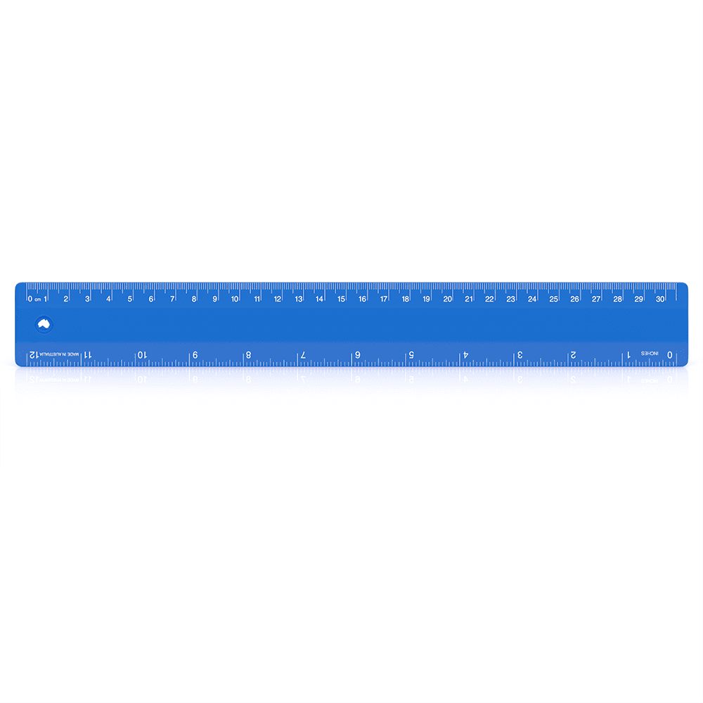 A 30cm blue plastic ruler with measurements clearly marked and featuring a logo.