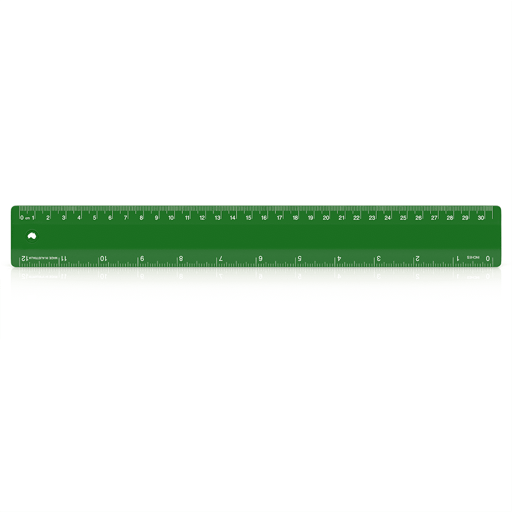 A green 30cm ruler with measurement markings and a hole at one end, featuring a logo.