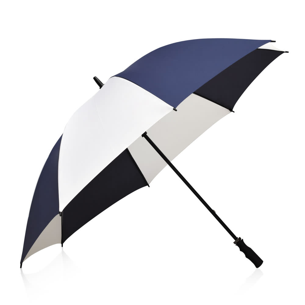 A navy blue and white umbrella with a black handle, featuring a sleek design and a logo.