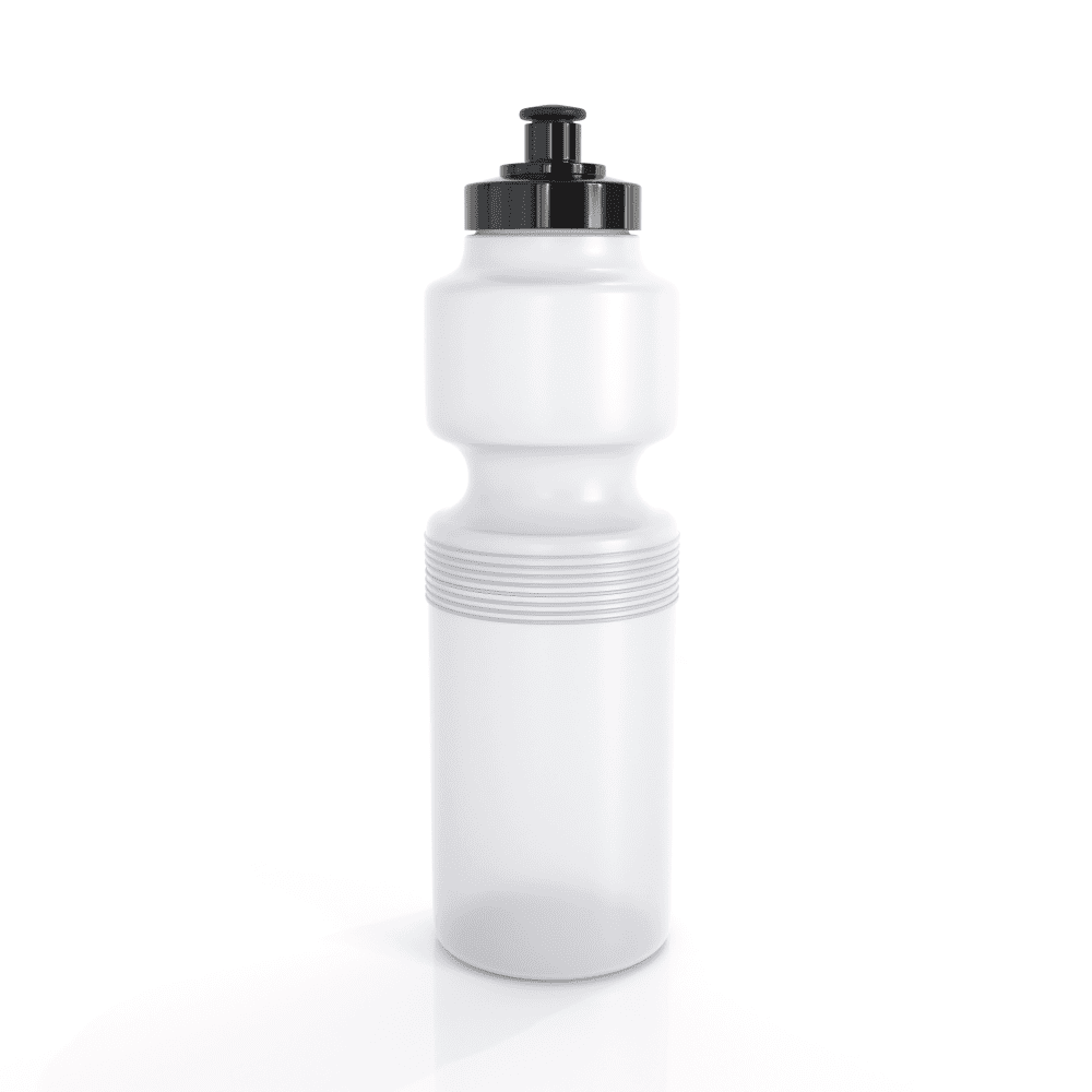 A drink bottle in clear plastic with a black cap and grip band, holding 750ml. Features a logo on the side.