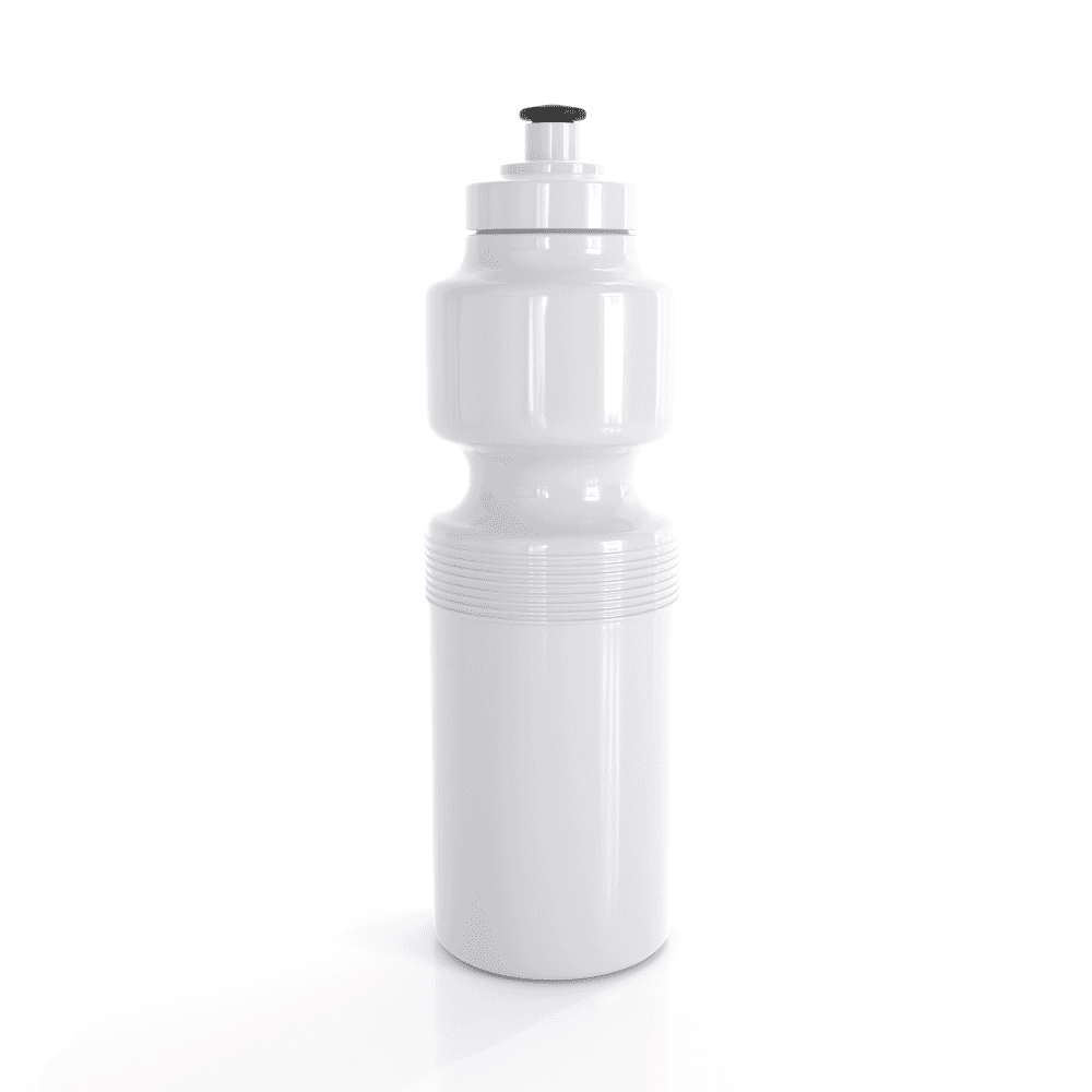 A drink bottle in a sleek white design, featuring a black cap and a ridged section for grip.