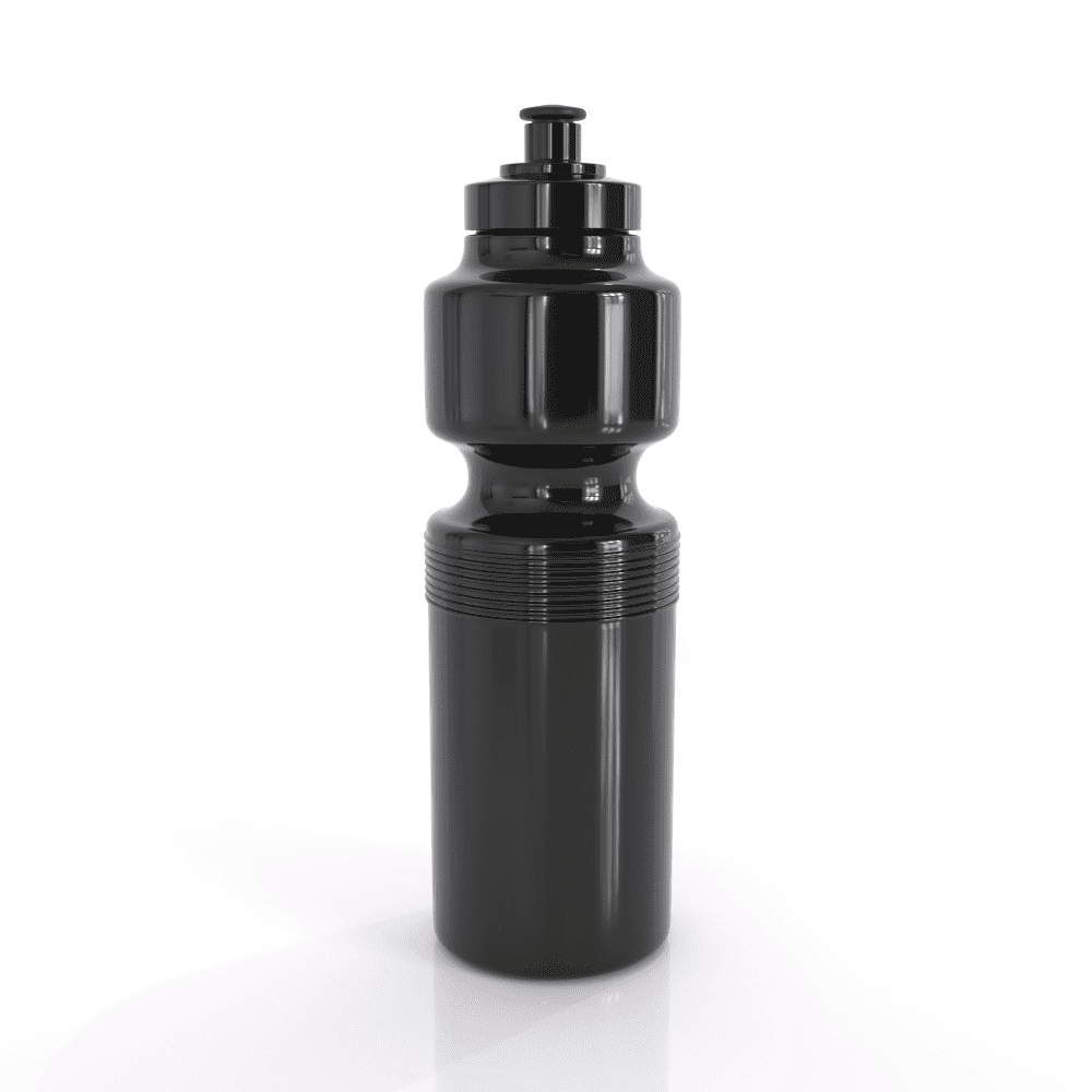A drink bottle in black, featuring a textured design and a screw-top lid. It has a logo on the side.