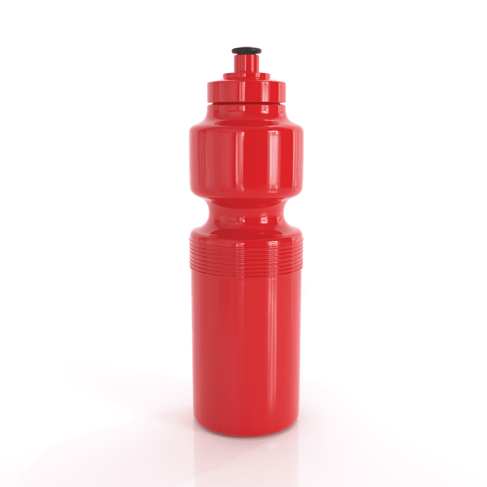 A drink bottle in a bright red colour, featuring a screw-top lid and a textured grip. It has a logo.