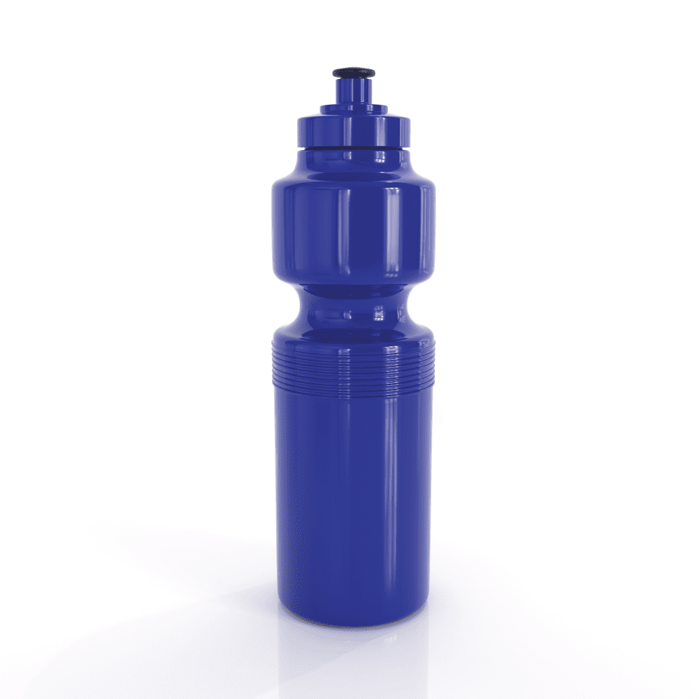 A drink bottle in a vibrant blue colour, featuring a textured body and a black lid, with a logo on the side.
