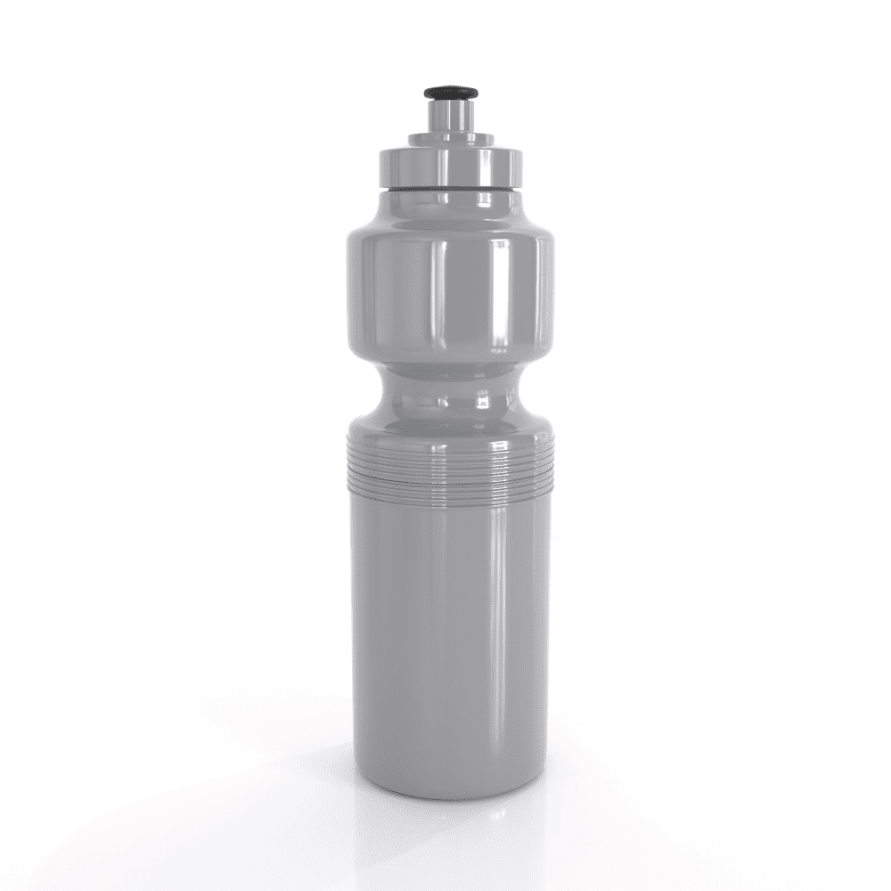 A drink bottle in grey, featuring a sleek design and a top nozzle, with a branding logo. Holds 750ml.