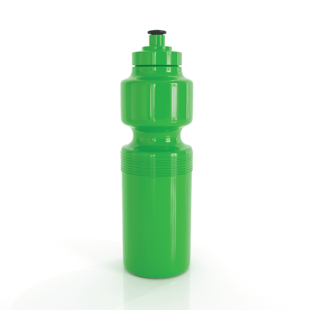 A drink bottle in vibrant green with a rounded body, a flip-top lid, and a textured grip area.