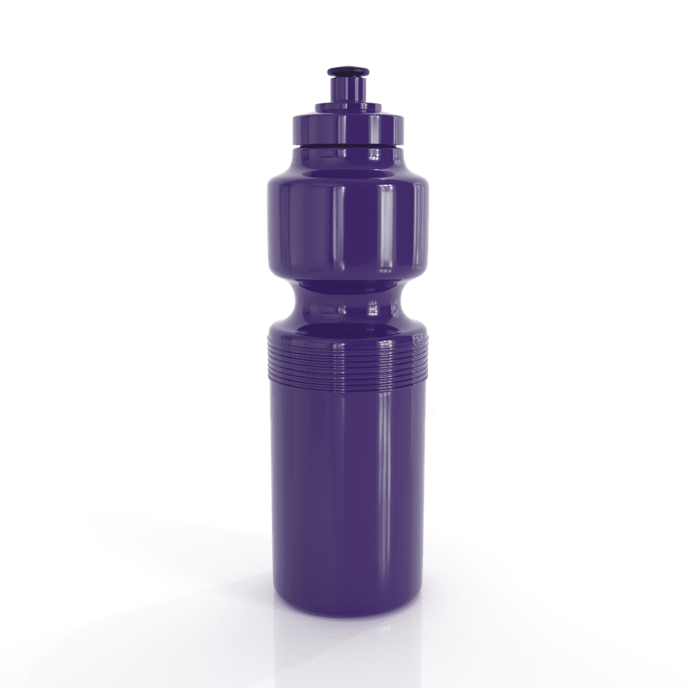 A drink bottle in a vibrant purple colour with a unique shape and a small dispensing spout, featuring a logo.