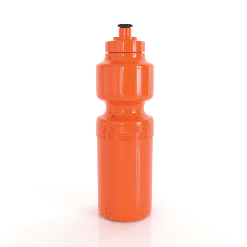 A drink bottle in bright orange with a sporty design and a black cap, featuring a logo. Holds 750ml.