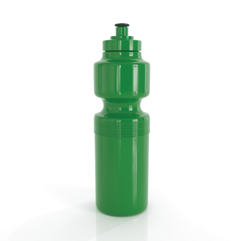 A drink bottle in bright green, featuring a contoured design and a screw top lid. It has a logo on the side.