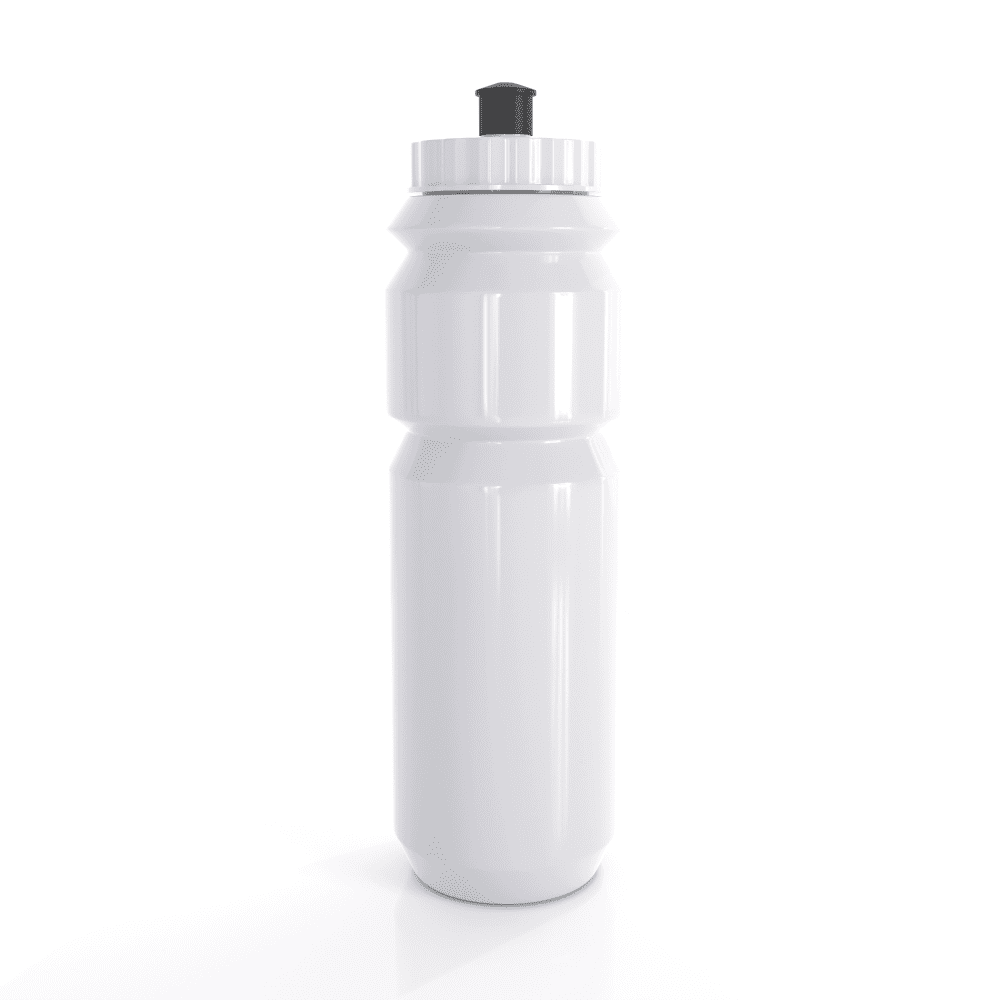 A drink bottle in white, featuring a sports cap and a sleek design, with a branding logo on the side.