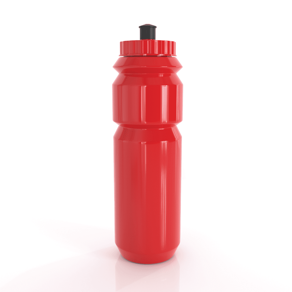 A drink bottle in bright red, featuring a textured grip and a black cap, with a logo on the side.