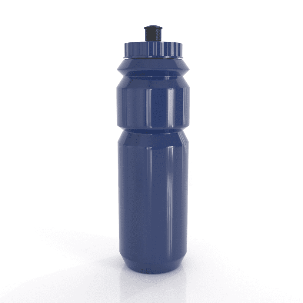 A drink bottle with a dark blue finish, featuring a sports cap and a sleek design. Includes a visible logo.