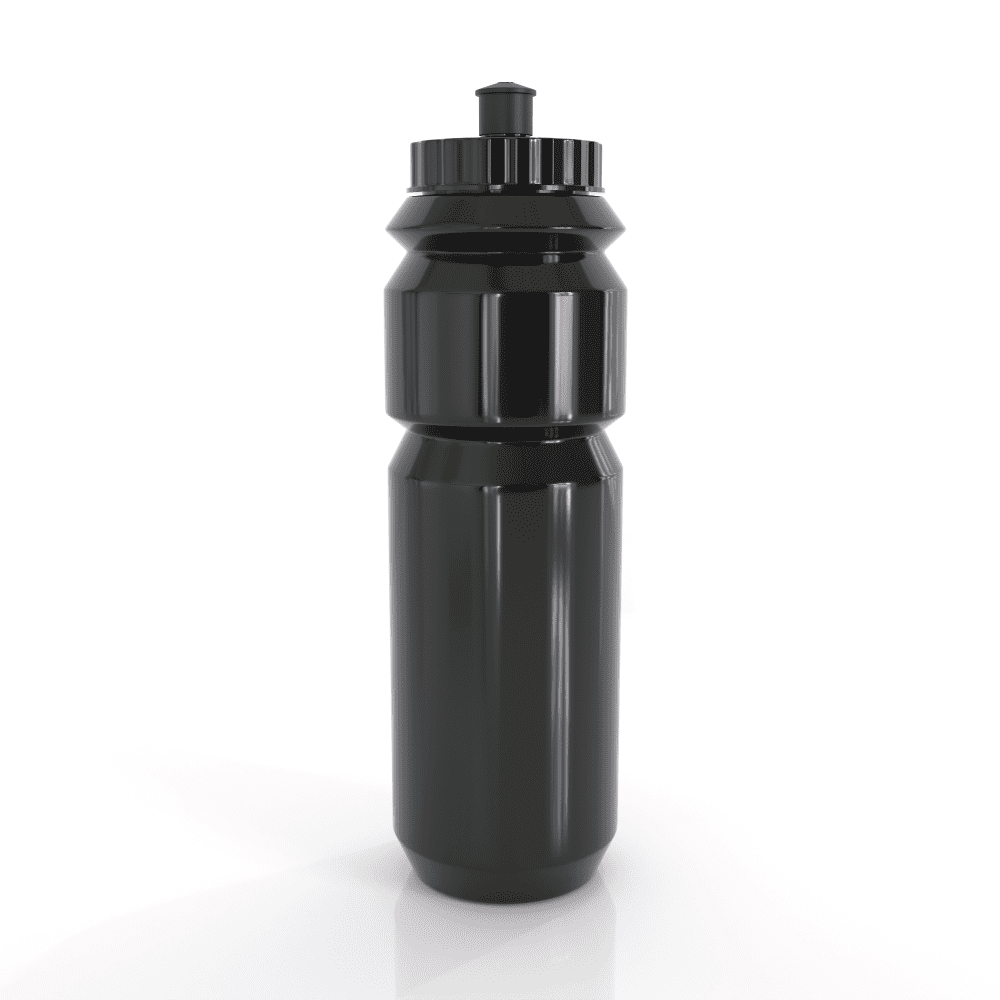A drink bottle in sleek black, featuring a twist-off lid and textured grip. Includes a logo design.