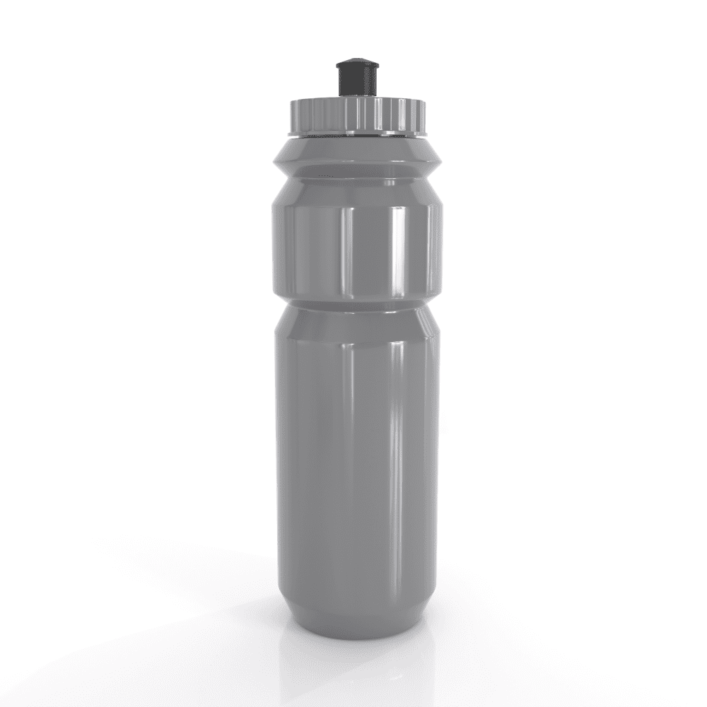 A drink bottle in grey, featuring a sports top and a contoured design for easy grip.