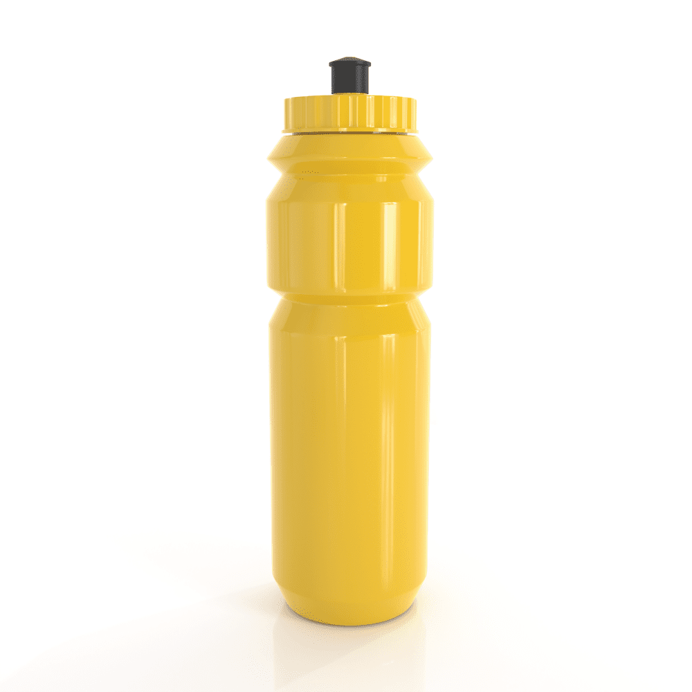 A drink bottle in vibrant yellow, featuring a black spout, with a textured grip and a branding logo.